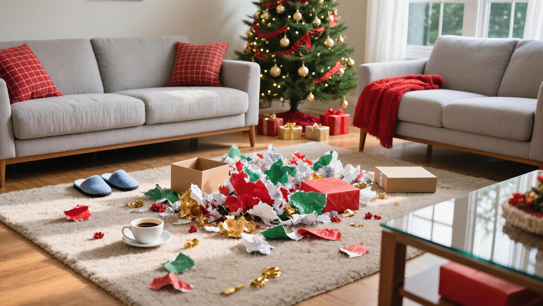 Living Room Filled With Holiday Decorations and Wrapping Paper After Gift Opening Celebration photo