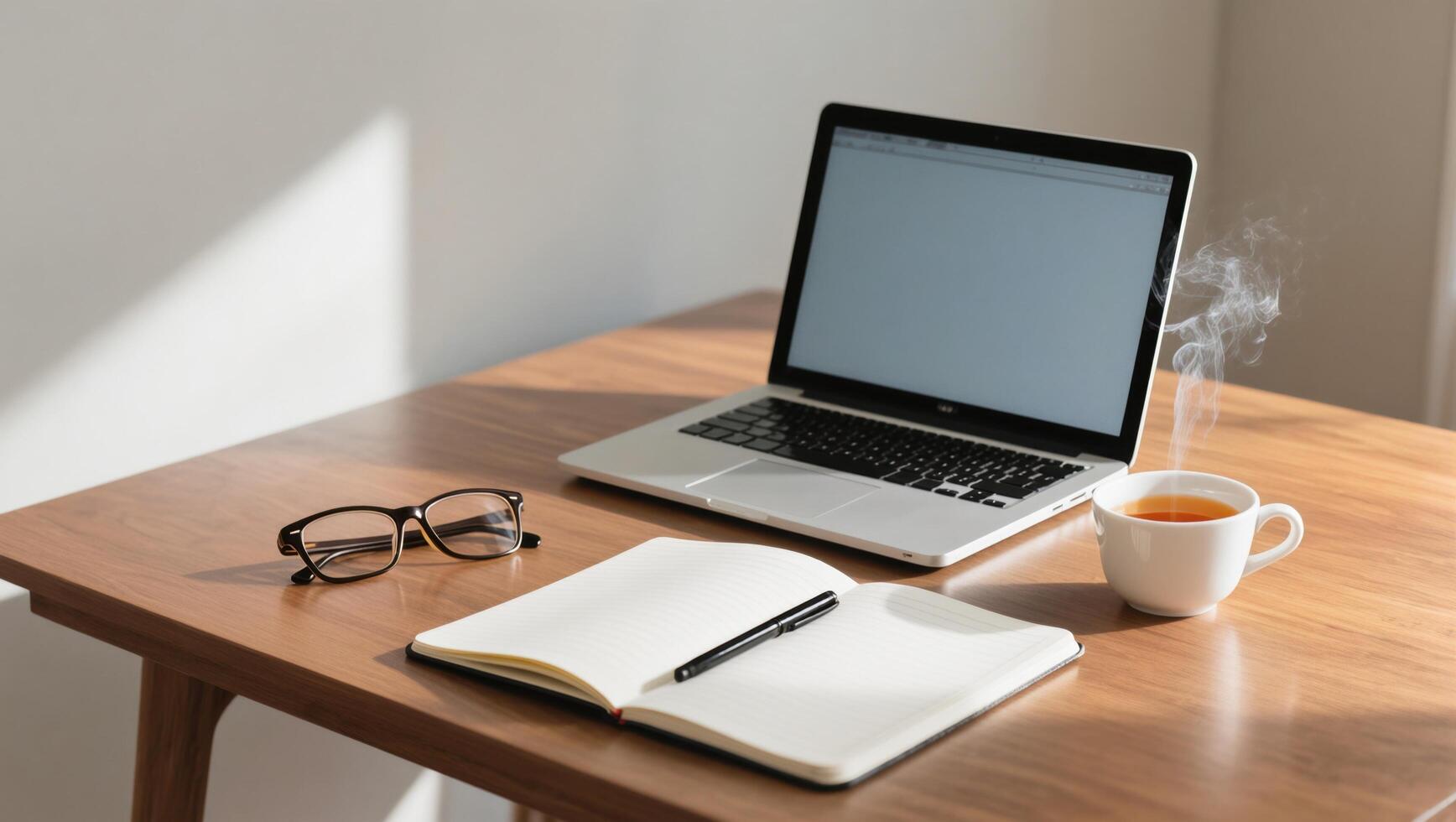 Cozy Workspace Setup With Laptop, Notebook, and Steaming Coffee Cup on Wooden Table photo