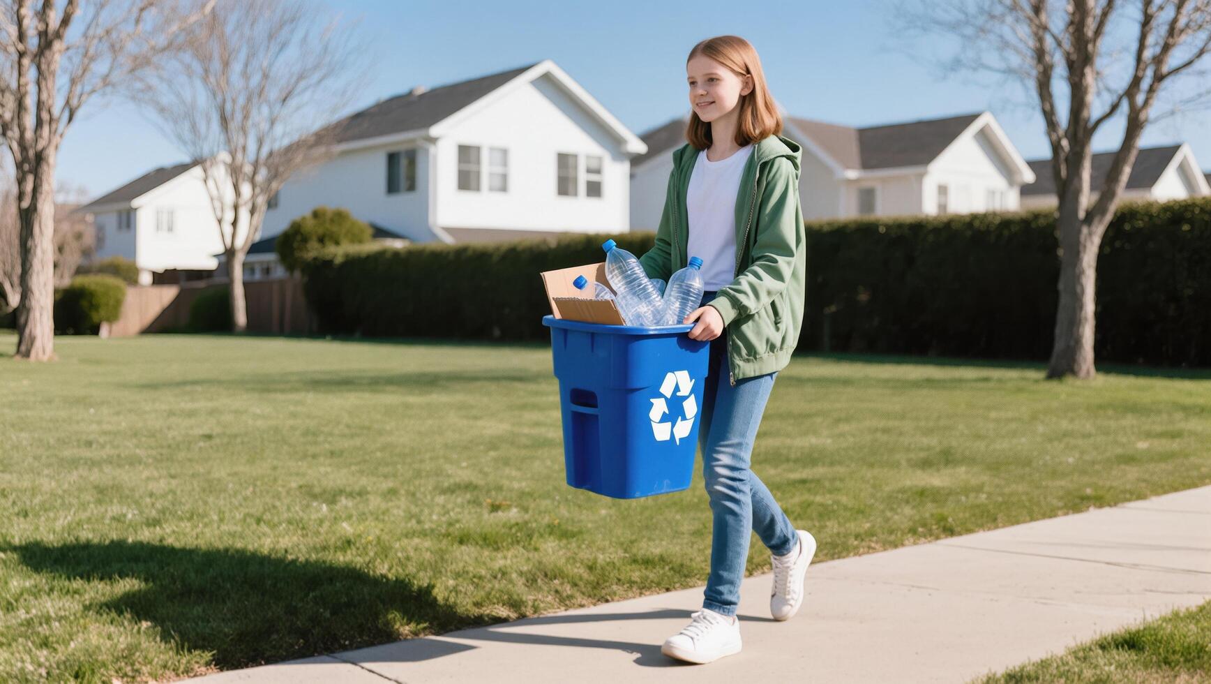 Young Girl Carrying Recycling Bin While Walking on a Sunny Day in a Suburban Neighborhood photo