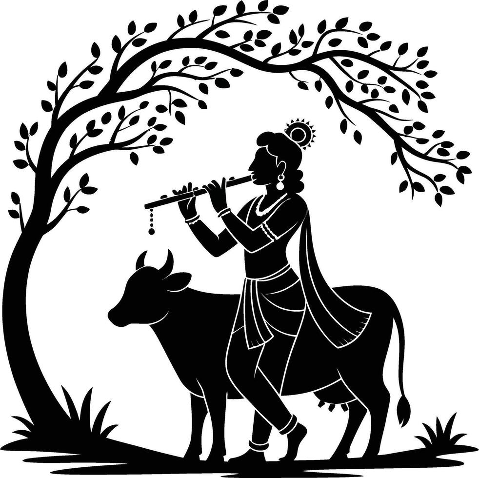 Traditional Hindu Lord Krishna Playing Flute Standing with Cow Silhouette under Tree. vector
