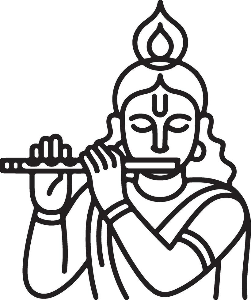Krishna playing the flute, a black and white line art illustration. vector