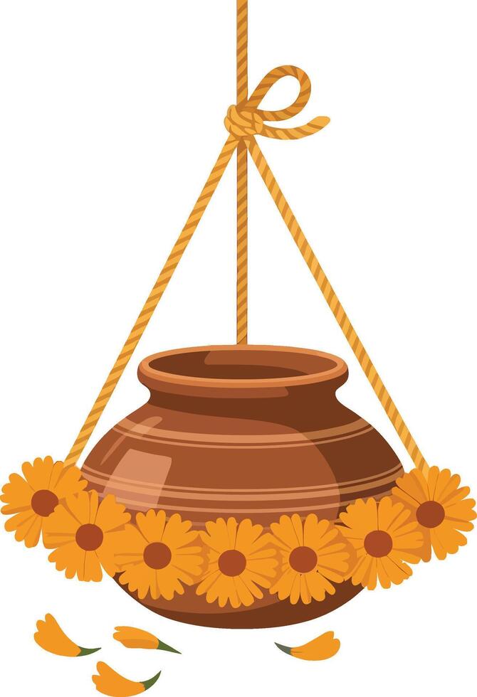 Dahi Handi Pot for Janmashtami Festival. Traditional Indian Clay Pot with Marigold Flowers And Rope Hanging vector
