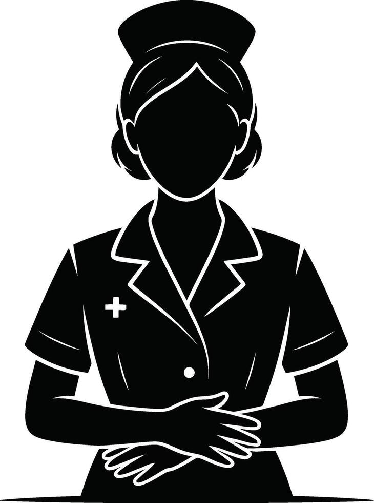 Professional Nurse Silhouette with Cap and Clasped Hands. Medical Healthcare Support Icon vector