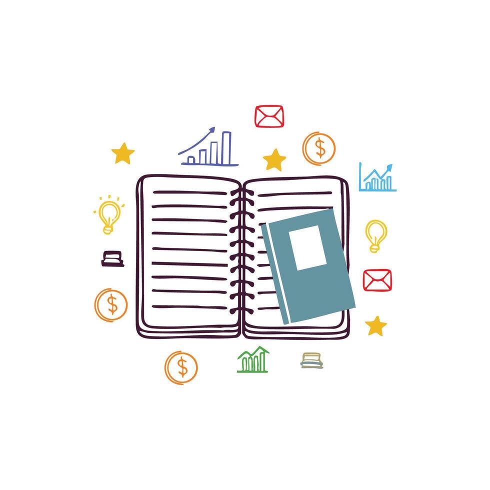 an illustration of notebook surrounded with investment icons and symbols vector