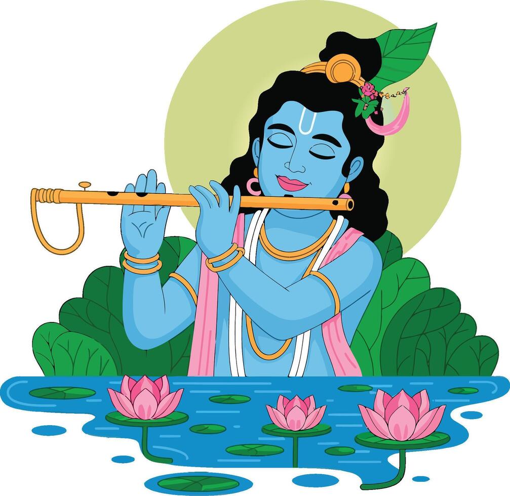 Lord Krishna Playing Flute Amidst Lotus Flowers Serene Hindu Deity Illustration for Festivals vector