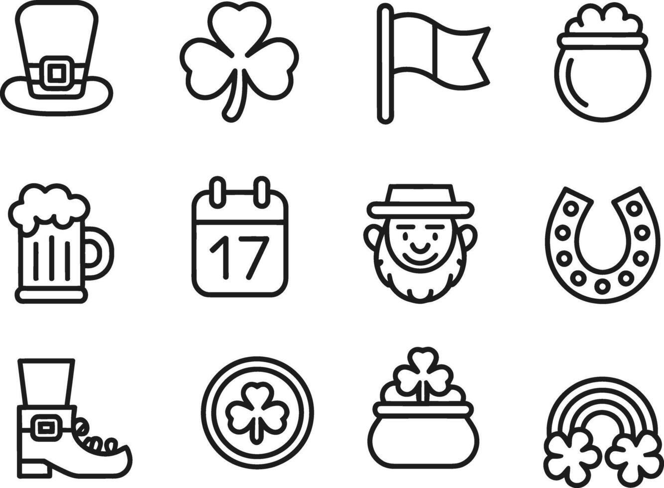 St. Patrick's Day Line Icons. Shamrock, Leprechaun Hat, Pot of Gold, Beer, Horseshoe, rainbow, calendar, and More vector