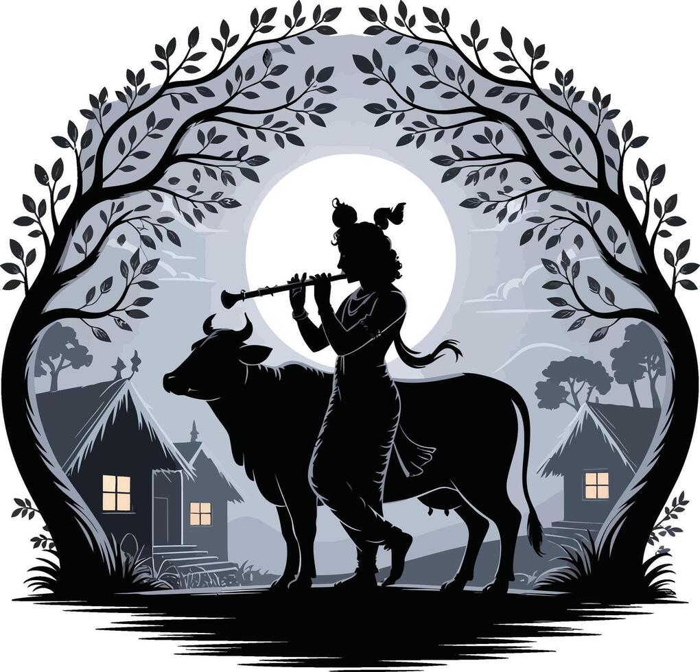 Krishna playing flute by a cow at night in a village silhouette. vector
