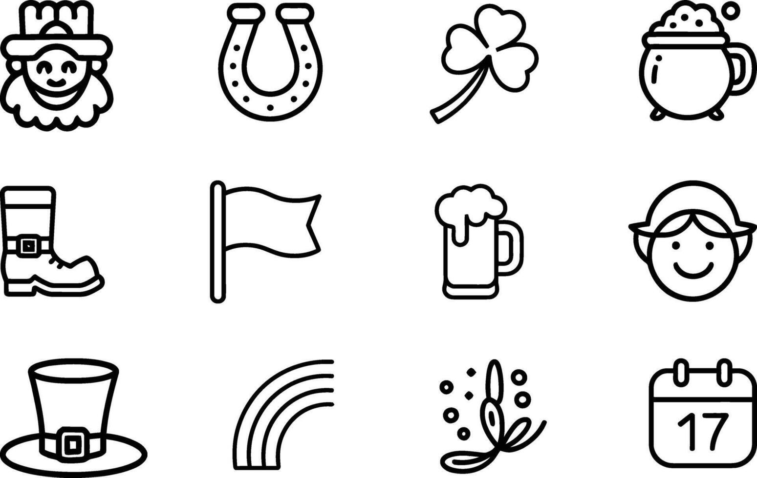St. Patrick's Day Line Art Icons. Leprechaun, Shamrock, Pot of Gold, Horseshoe, rainbow Beer, and more vector
