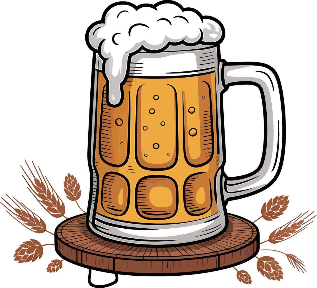 Beer Mug with Foam, Wheat and Hops. Classic Craft Beer Illustration for Pubs and Breweries vector