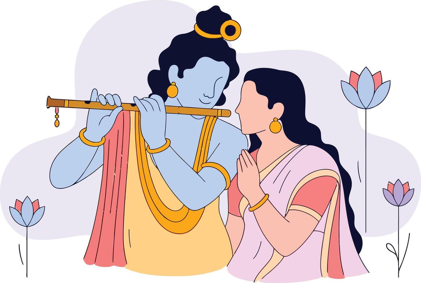 Lord Krishna Playing Flute with Radha Illustration for Janmashtami, Holi, Diwali, and Indian Festivals vector