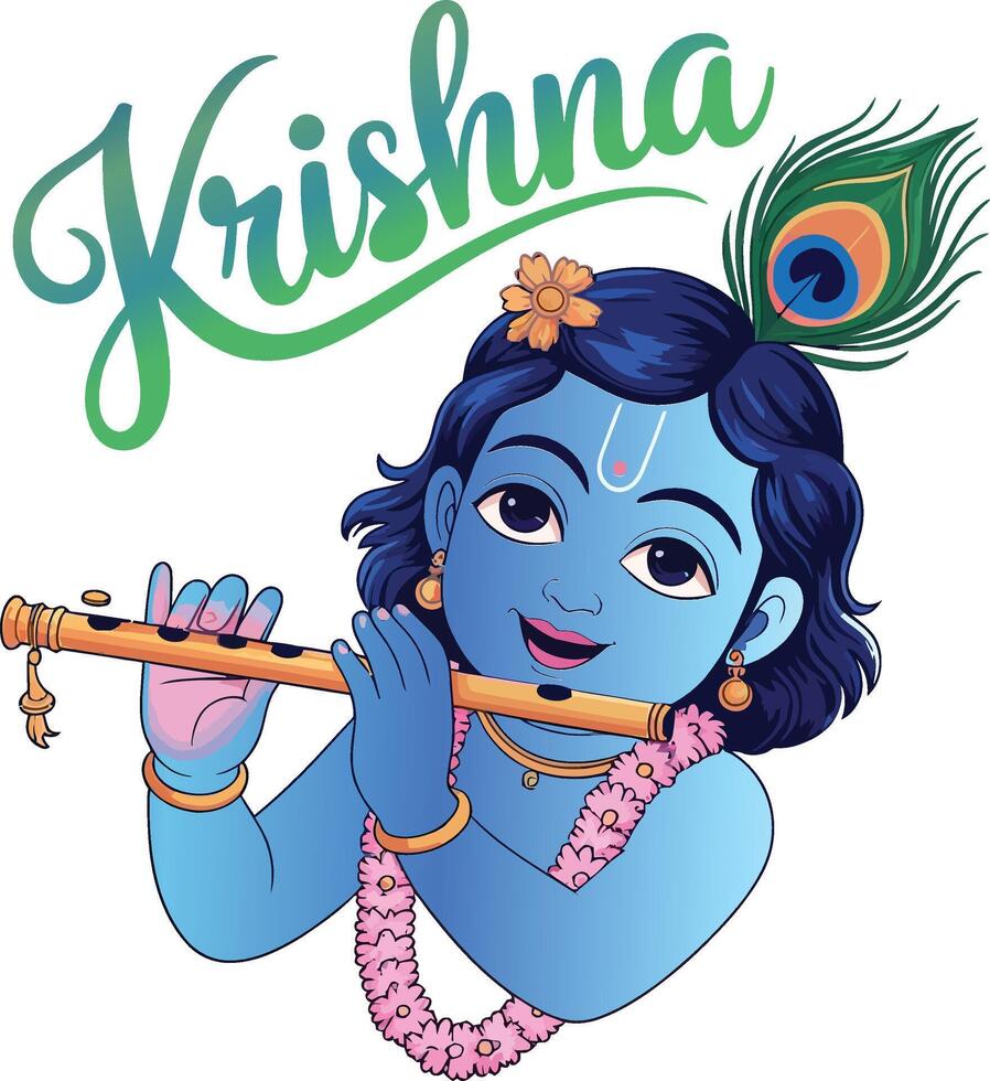 Cute Baby Krishna Playing Flute with Krishna Calligraphy. Janmashtami, Hindu Deity, Indian Festival vector