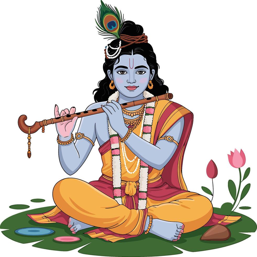 Lord Krishna playing flute illustration vector