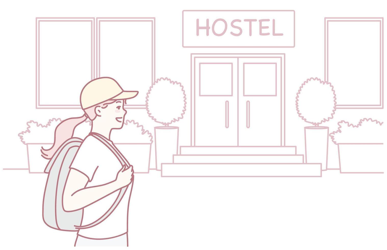 A Young Traveler Excitedly Arrives at a Cozy Hostel, Eager for New Adventures Awaiting vector