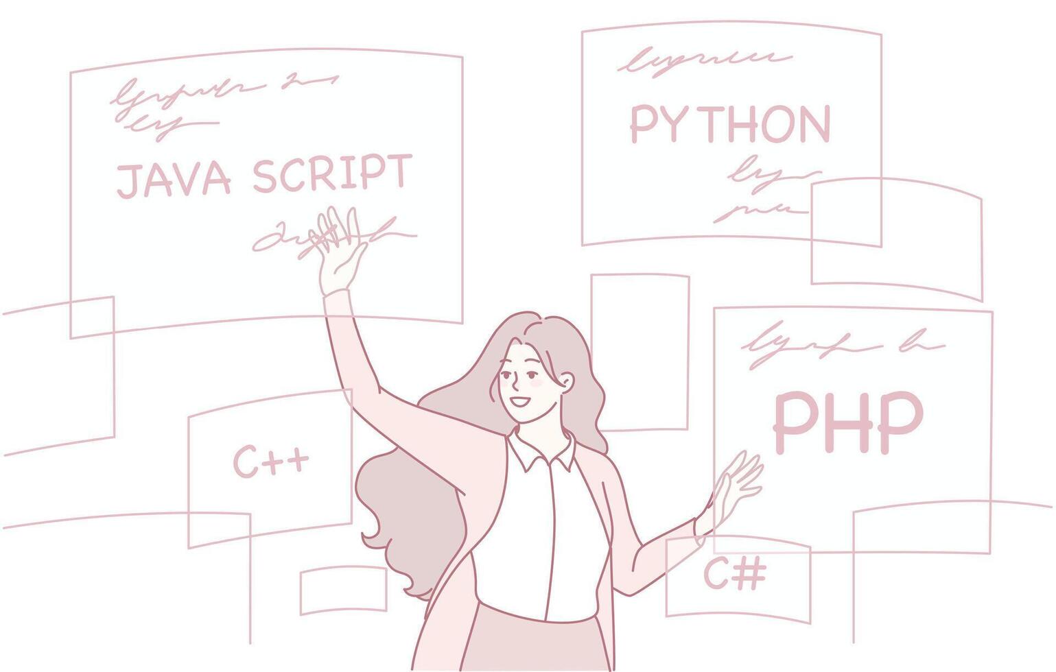 ilustración representando varios programación idiomas y hembra desarrollador comunidad empoderamiento vector