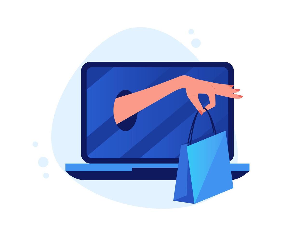 Laptop flat icon Hand hold package Online order vector