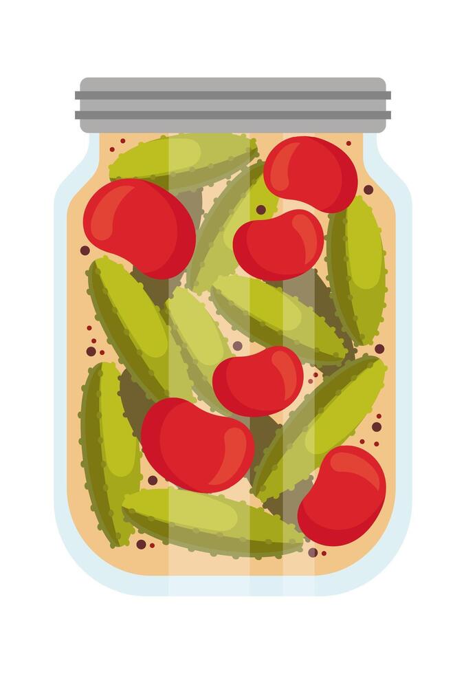 Glass jar with canned cucumbers and tomatoes flat icon vector