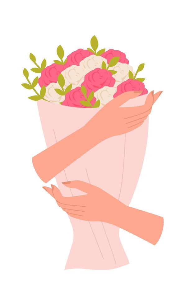 Hand with beautiful spring bouquet flat icon vector