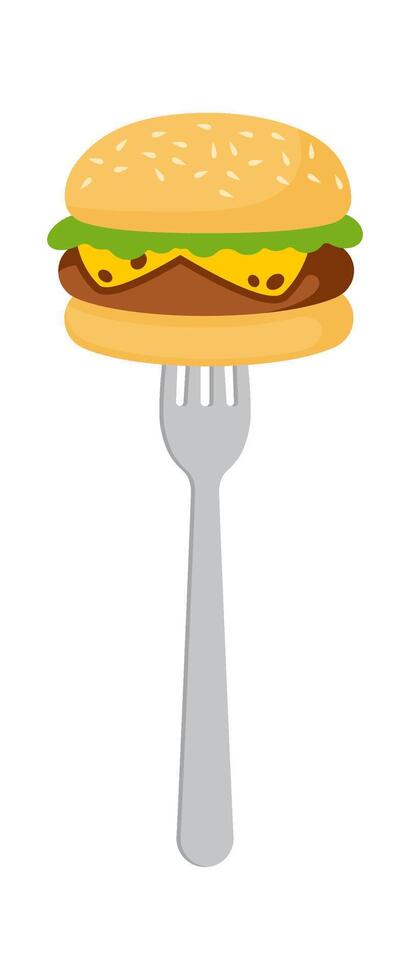 Cheeseburger on fork flat icon Tasty fast food vector