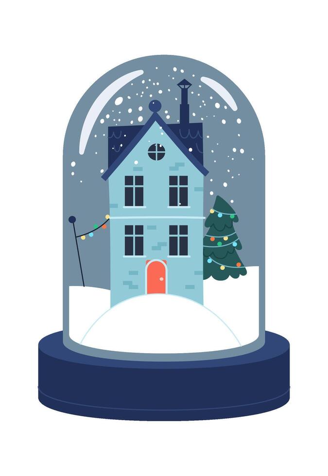 House inside Christmas snow globe flat icon Winter cityscape Illustration vector