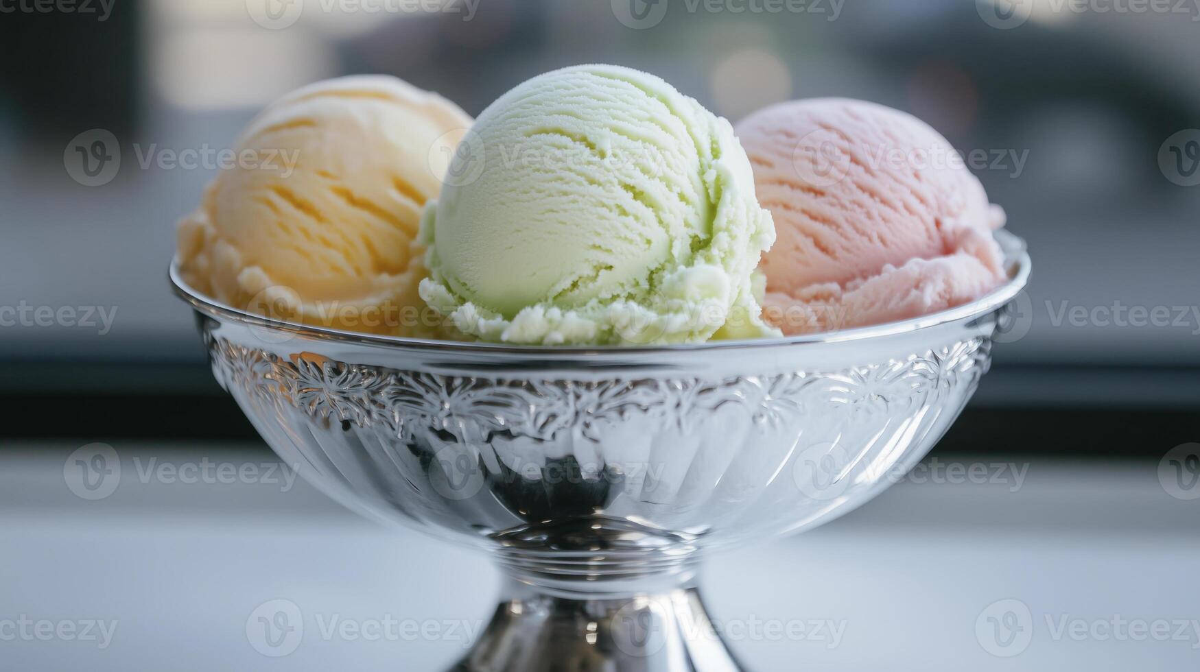 A silver bowl with three scoops of ice cream photo