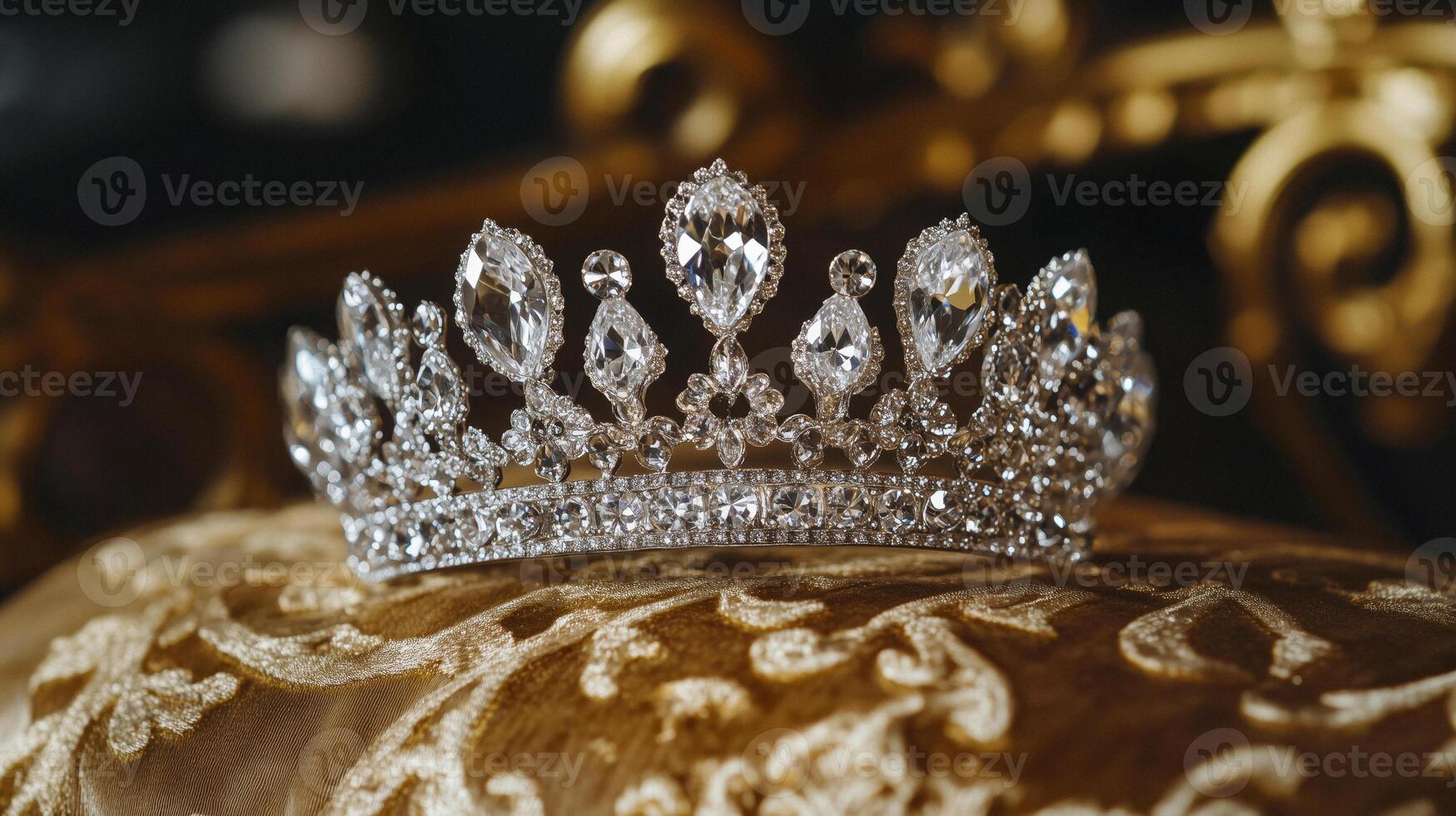 A diamond tiara sits on top of a gold chair photo