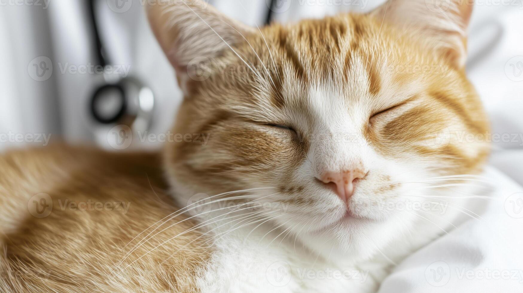 A cat is sleeping with a stethoscope around its neck photo