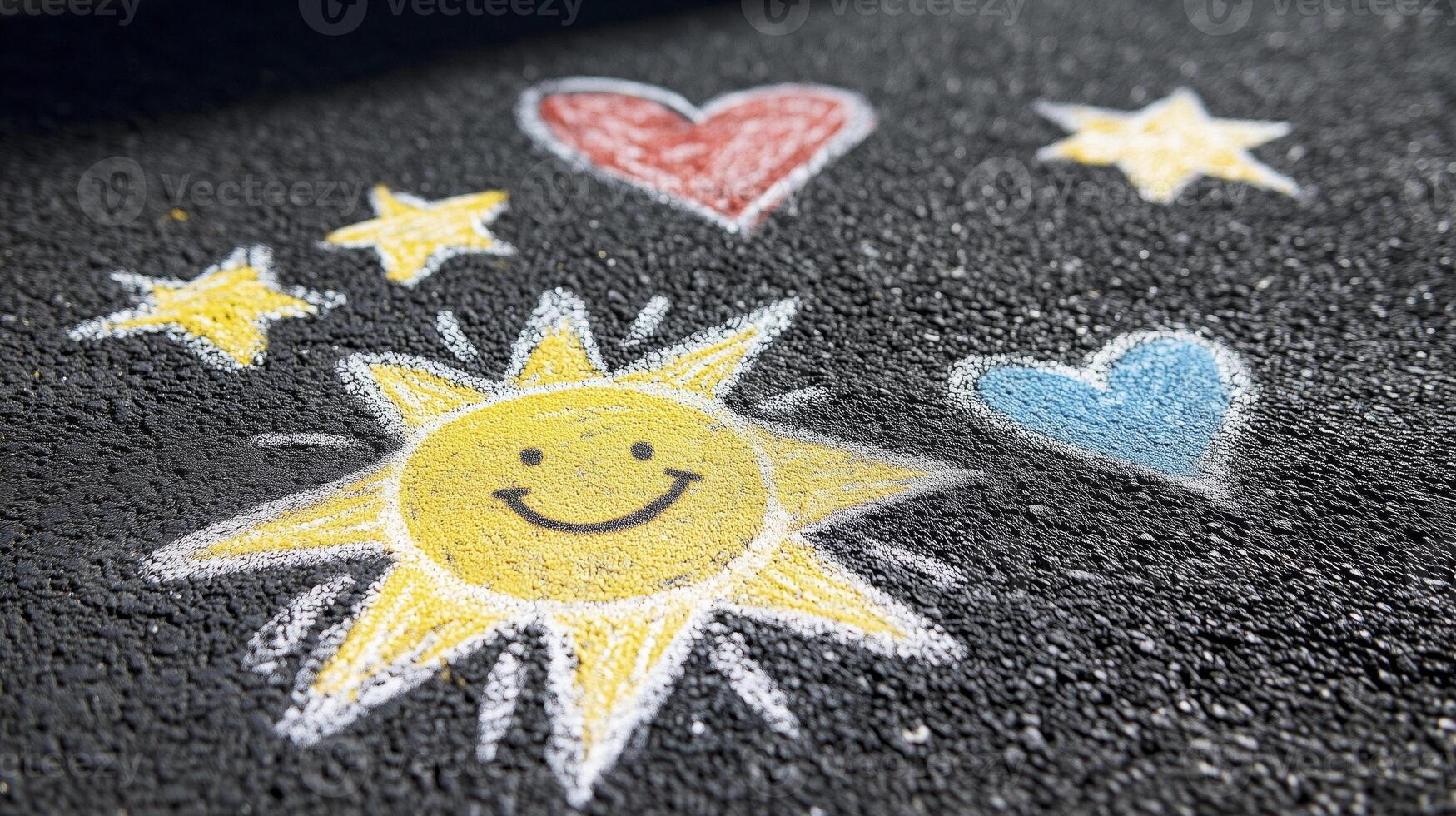 Vibrant chalk sketches of suns, stars, and hearts adorning jet-black asphalt photo