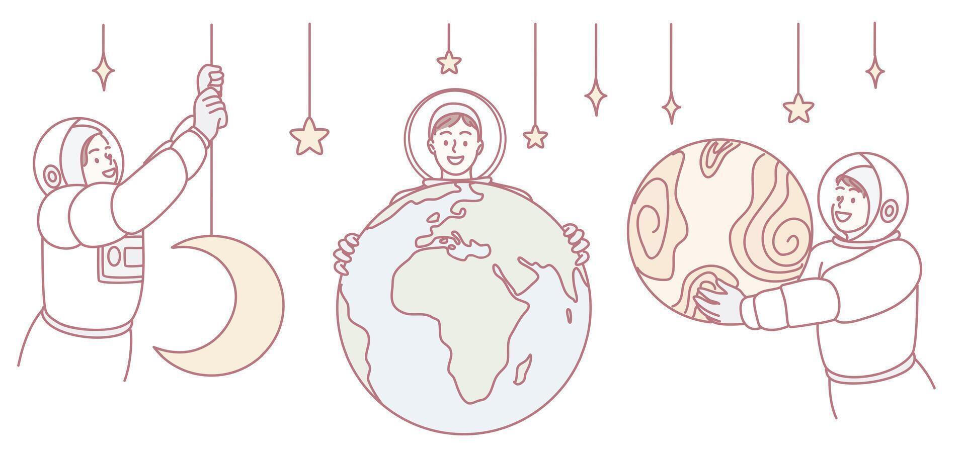 Astronauts exploring with celestial bodies and glowing stars in the vast cosmos beyond vector