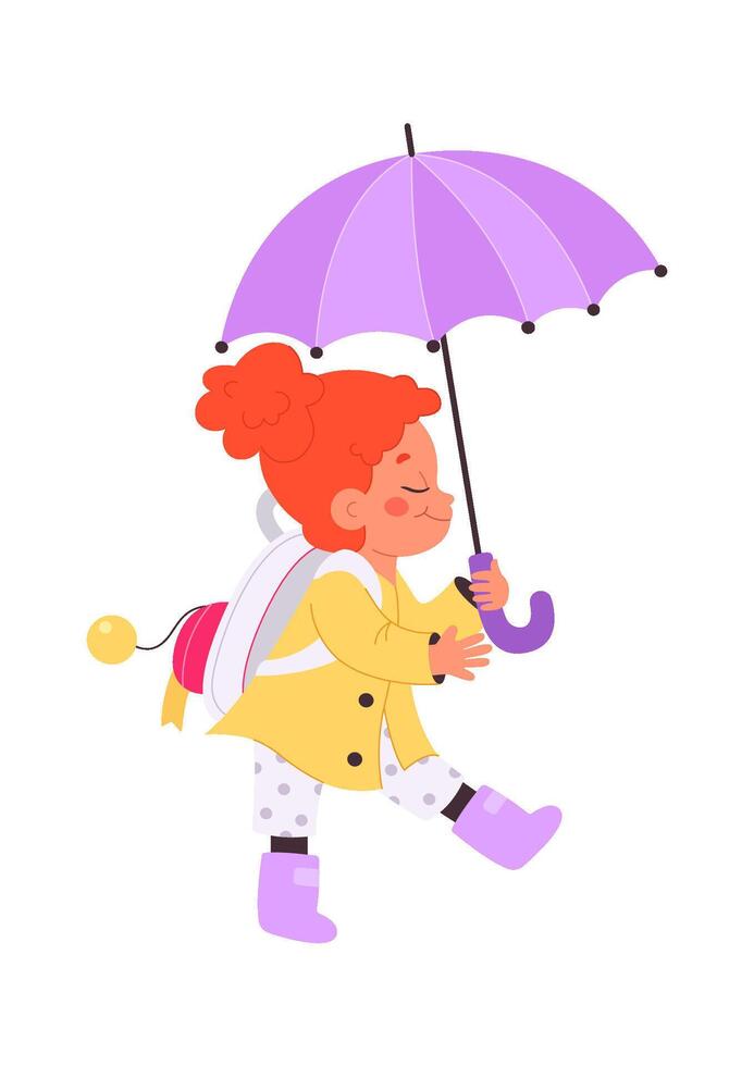 Walking flat icon Happy girl under purple umbrella vector