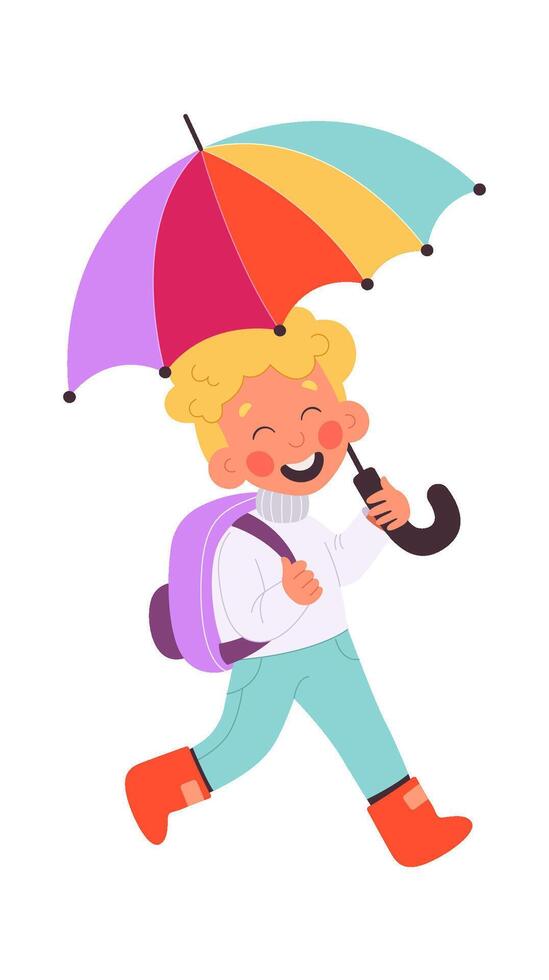 Walking flat icon Happy boy under colorful umbrella vector