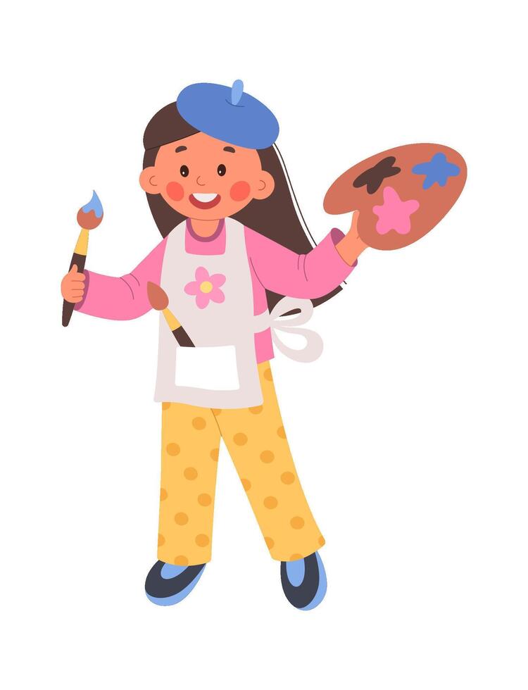 Painter flat icon Girl with paintbrush and color palette vector