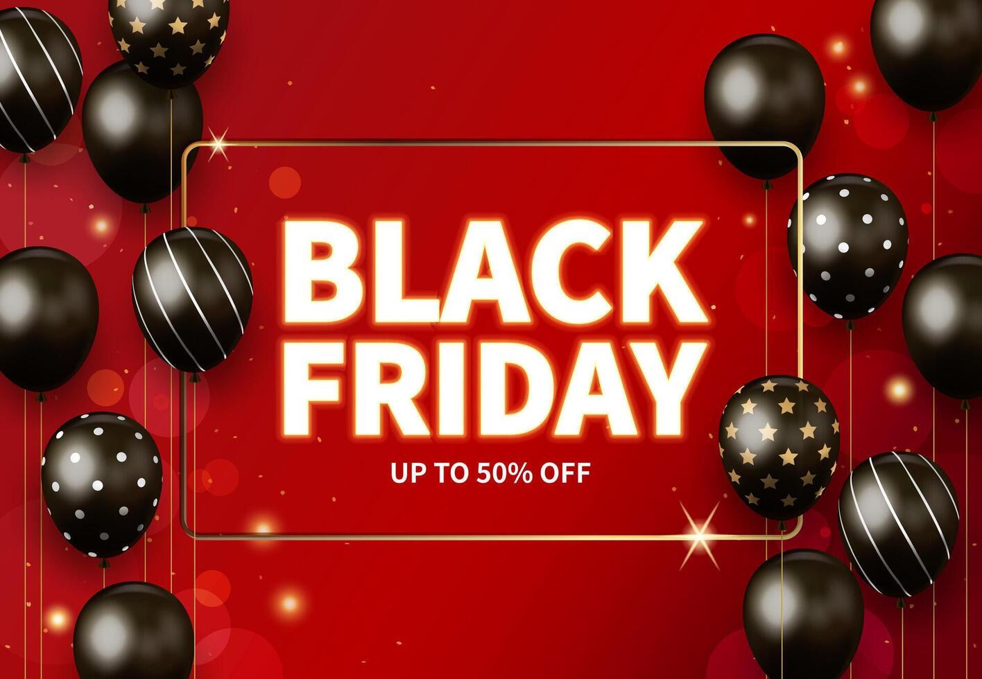 Black Friday sale banner with red background, black balloons on both sides and the word BLACK FRIDAY in the middle vector