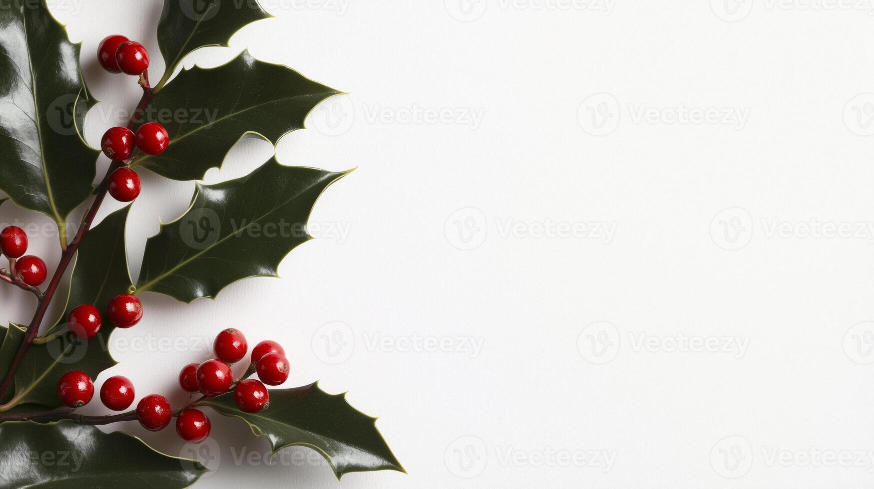 Festive holly leaves and glossy red berries framing a crisp photo