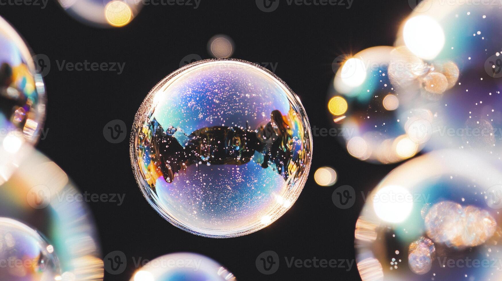 Iridescent soap bubbles floating on a deep black canvas in macro focus photo