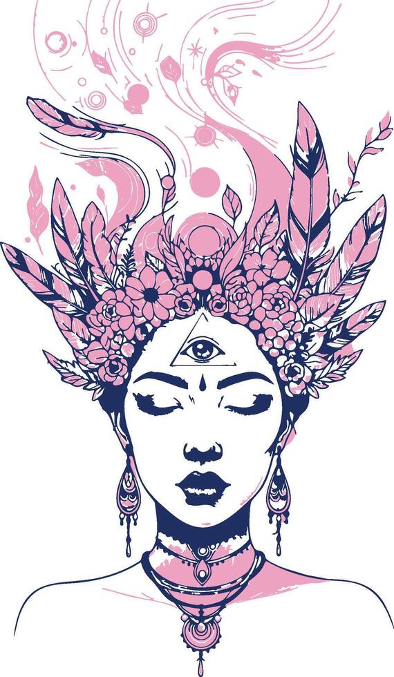 A woman with feathers in her hair and a flower in her hair vector
