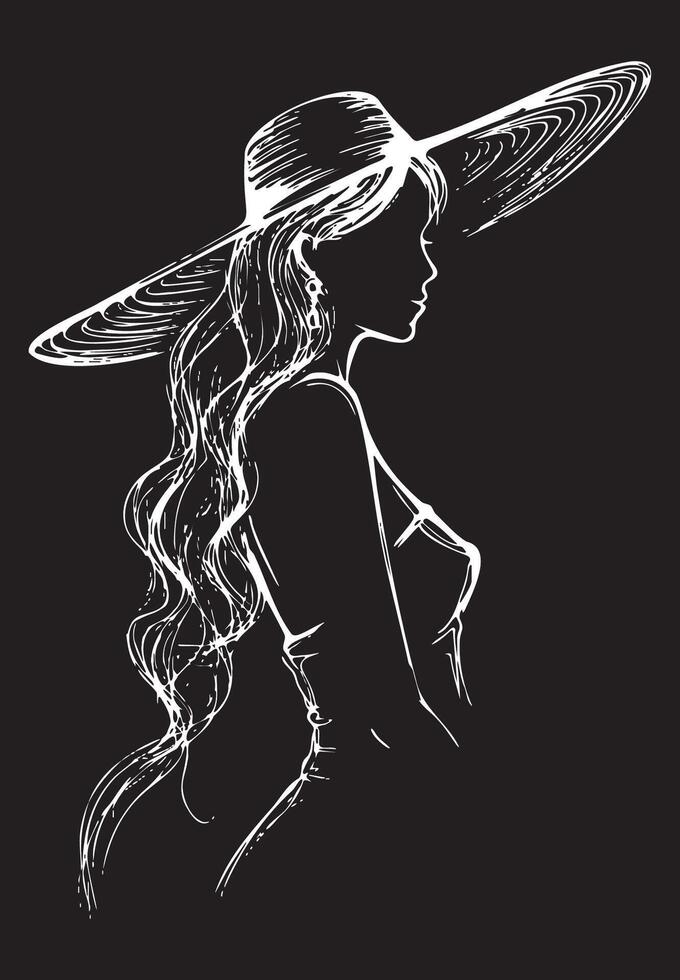 A woman in a hat is drawn in black and white vector
