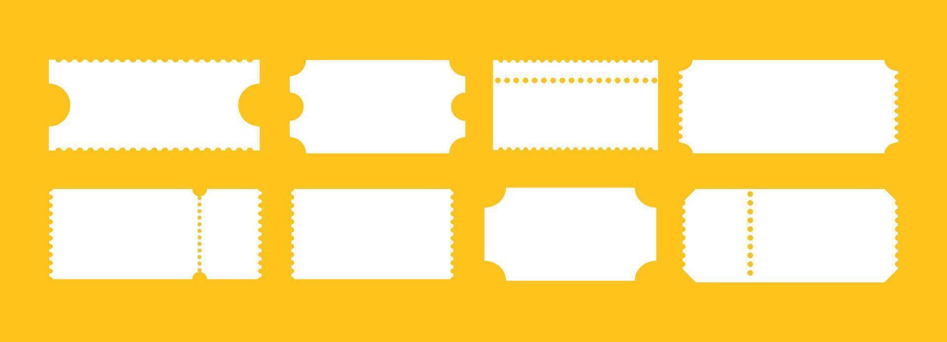 Set of tickets. Admit one ticket. Vintage, retro train ticket, concert, festival event, movie theater coupons. Digital samples icons. Empty templates. Ticket simple patterns. Blanks white backgrounds. vector