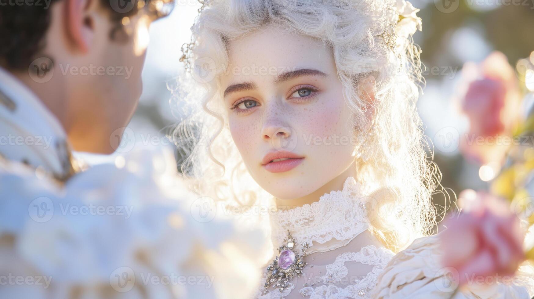 A woman with blonde hair and a man in a white dress photo