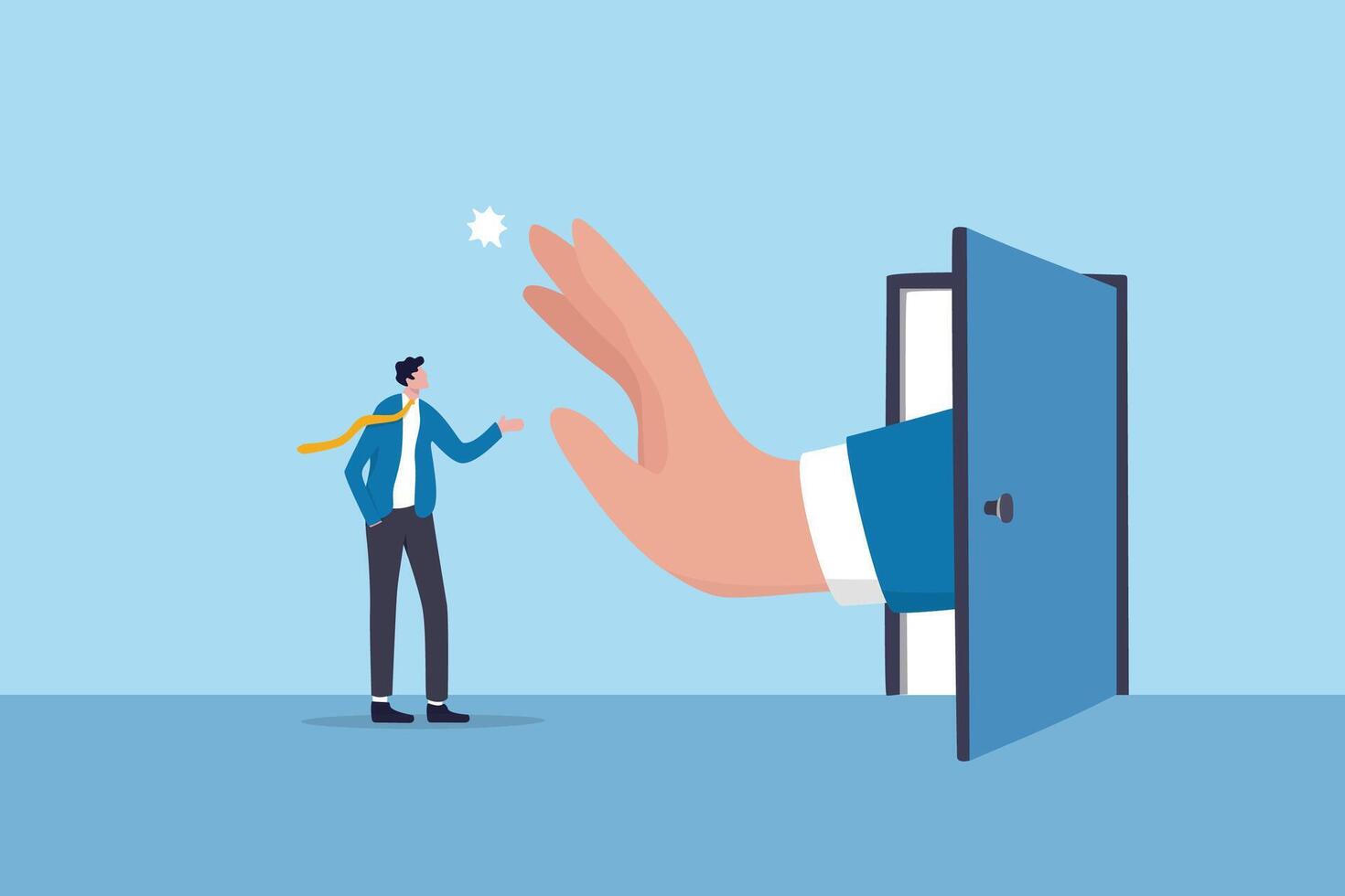 Man facing large hand from door vector