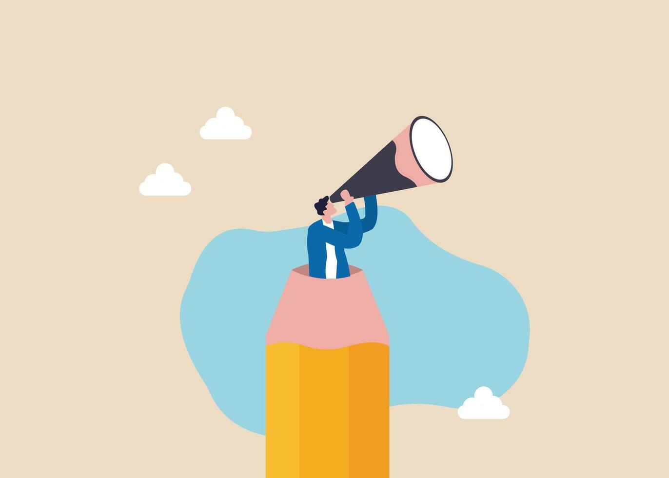 Illustration of a man walking out of a pencil in search of ideas. A creative search for ideas, research, or imagination for designers and anyone needing inspiration. vector