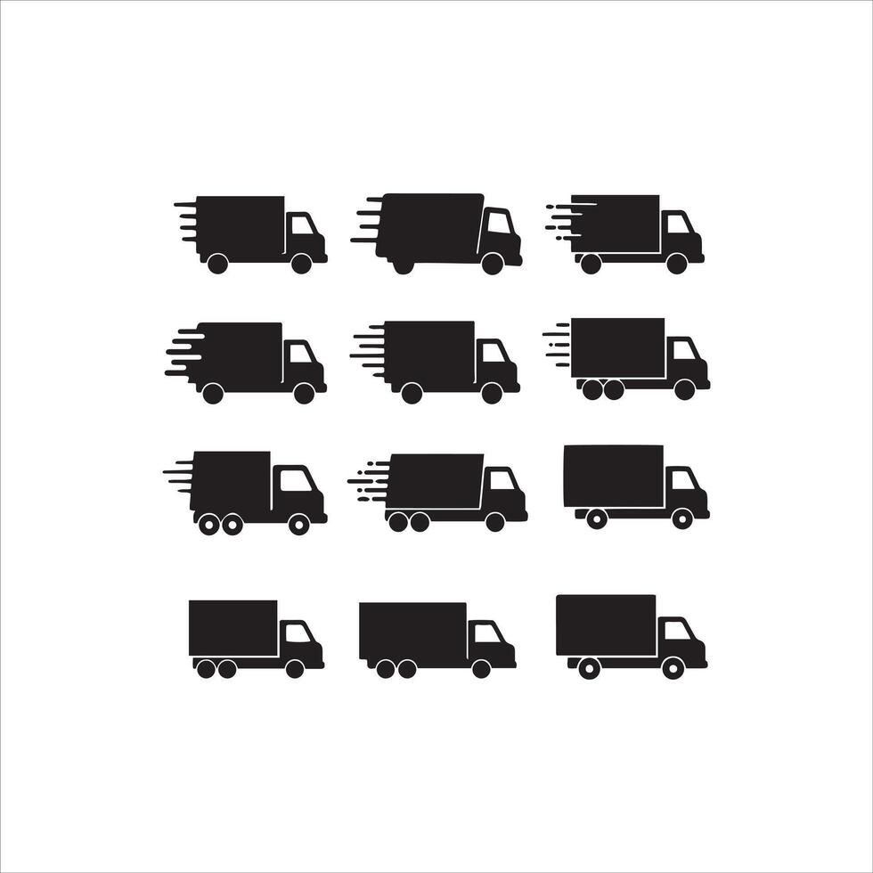 Collection of black delivery trucks in motion and stationary poses vector