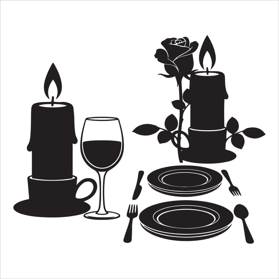 Romantic dinner setting with candles wine rose and place setting vector
