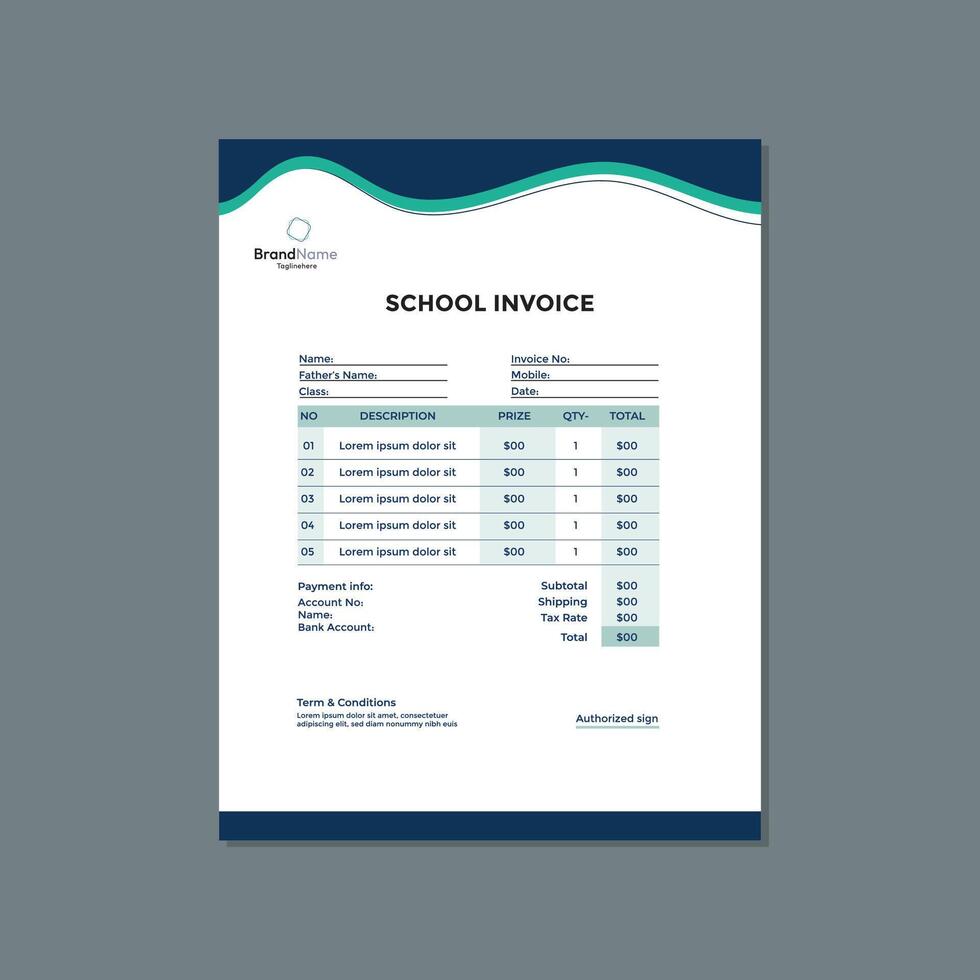 Clean School Invoice Template Design for Student Billing vector