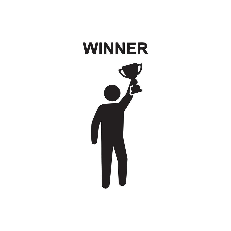 Silhouette of a person holding a trophy above their head with the word winner vector