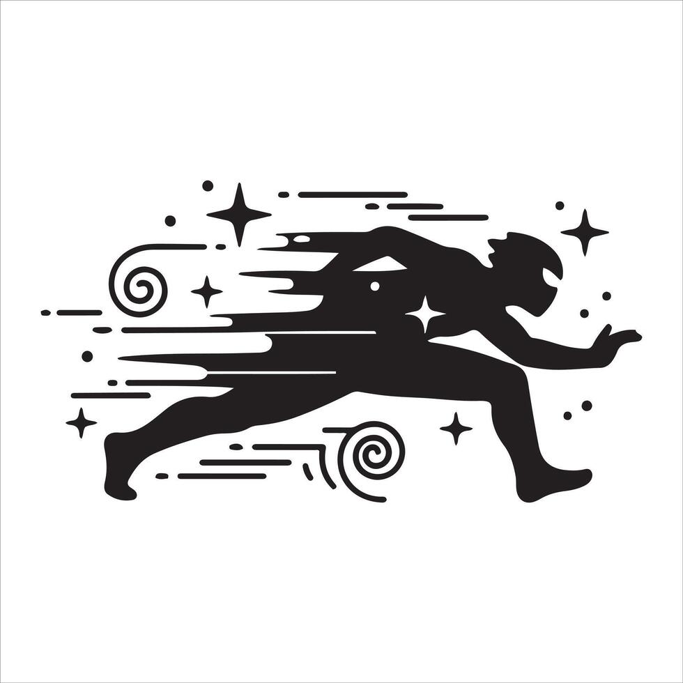 Dynamic silhouette of a speeding superhero with swirling motion trails vector