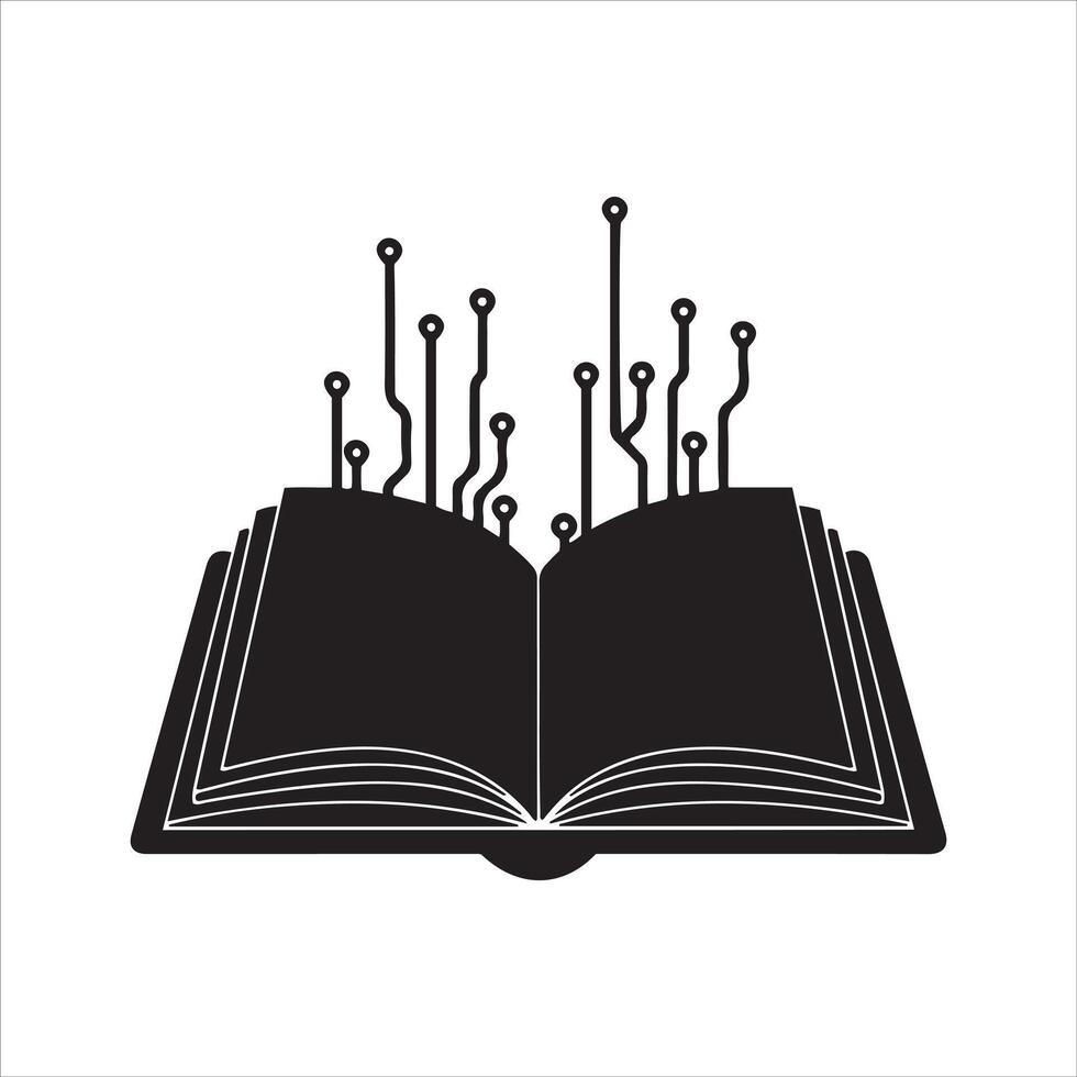 Open book with digital circuitry emerging vector
