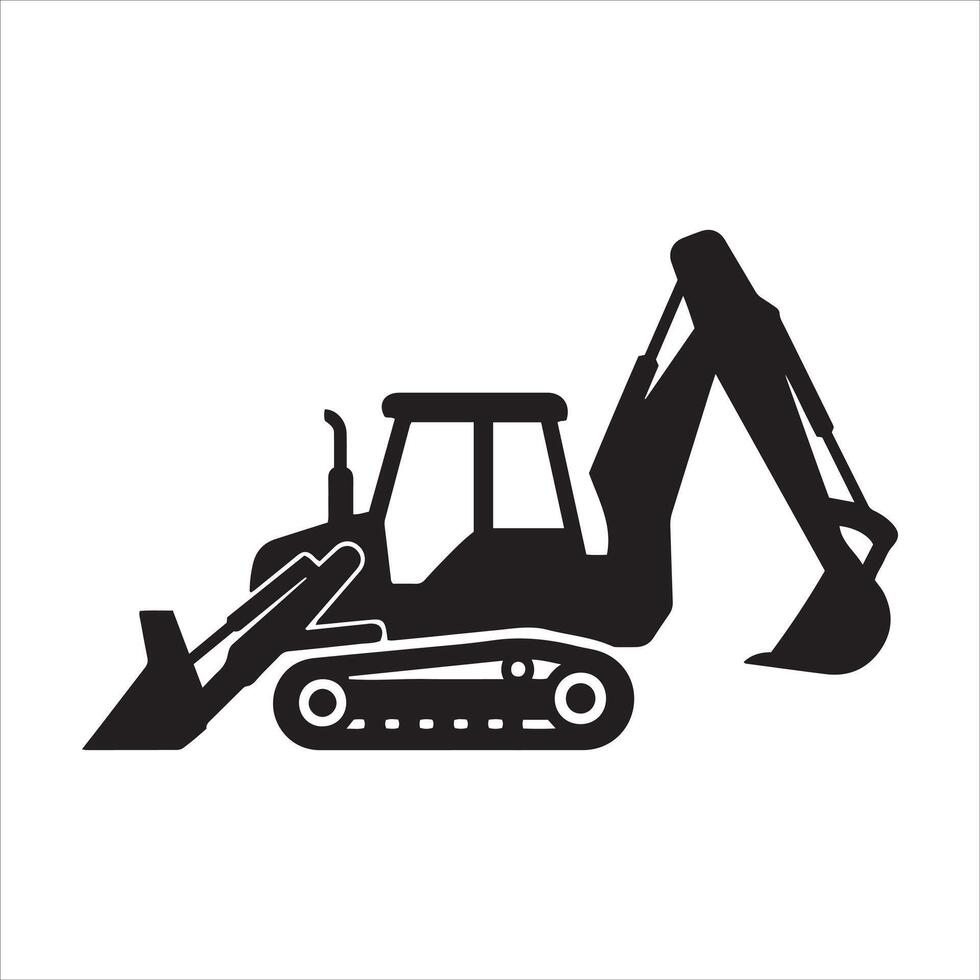 Black silhouette of a tracked excavator with bucket and loader vector