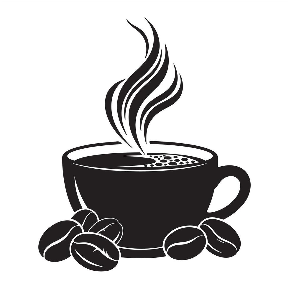 Steaming hot coffee cup with roasted beans vector