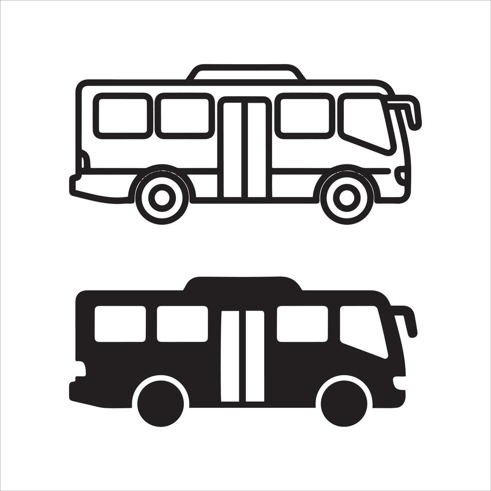 Two stylized bus representations one outline one solid vector