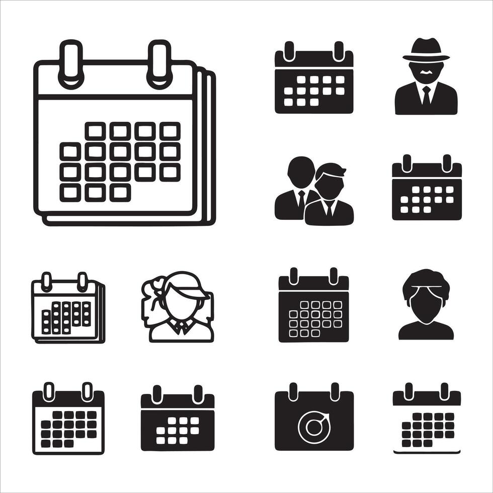 Collection of calendar icons and people silhouettes vector